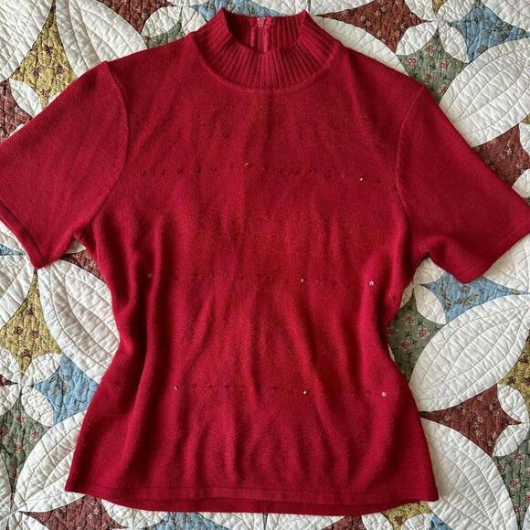 Koret Sweaters - Vintage 90s Koret red short sleeve mock turtleneck with red sequins